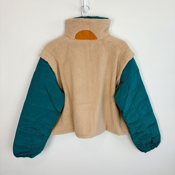 Sherpa Fleece Quilted Puffer Sleeve Cropped Half Zip Pullover Jacket Beige Combo - Picture 9 of 10